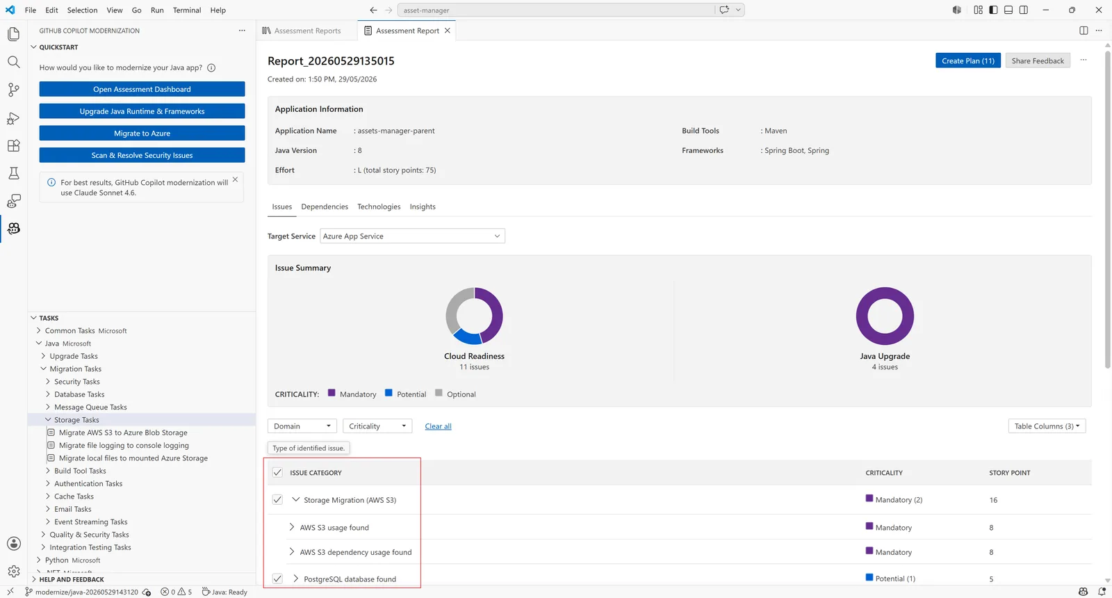 ภาพหน้าจอส่วนขยาย GitHub Copilot App Modernization for Java แสดงรายงานประเมินแอป Java 8 ที่เลือก Target Service เป็น Azure App Service พร้อมสรุปประเด็น Cloud Readiness และ Java Upgrade