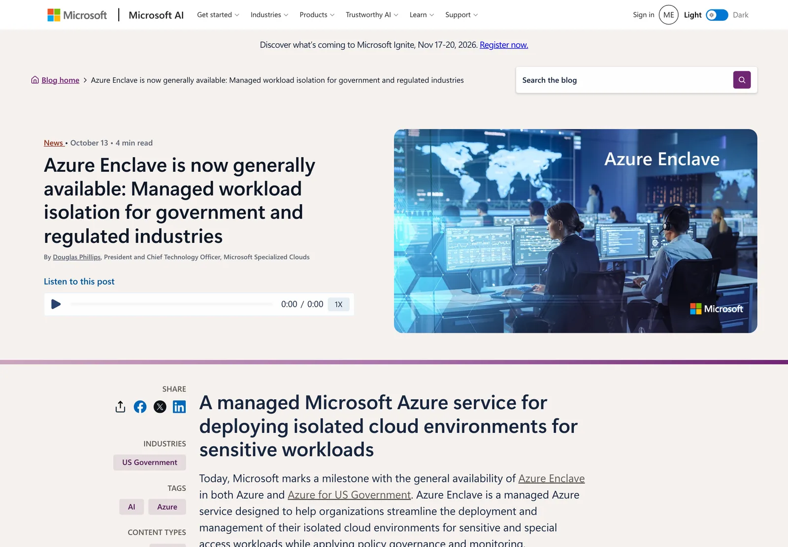 ภาพหน้าจอประกาศ Azure Enclave GA (Azure Enclave is now generally available) บน Microsoft Cloud Blog วันที่ 13 ตุลาคม 2026