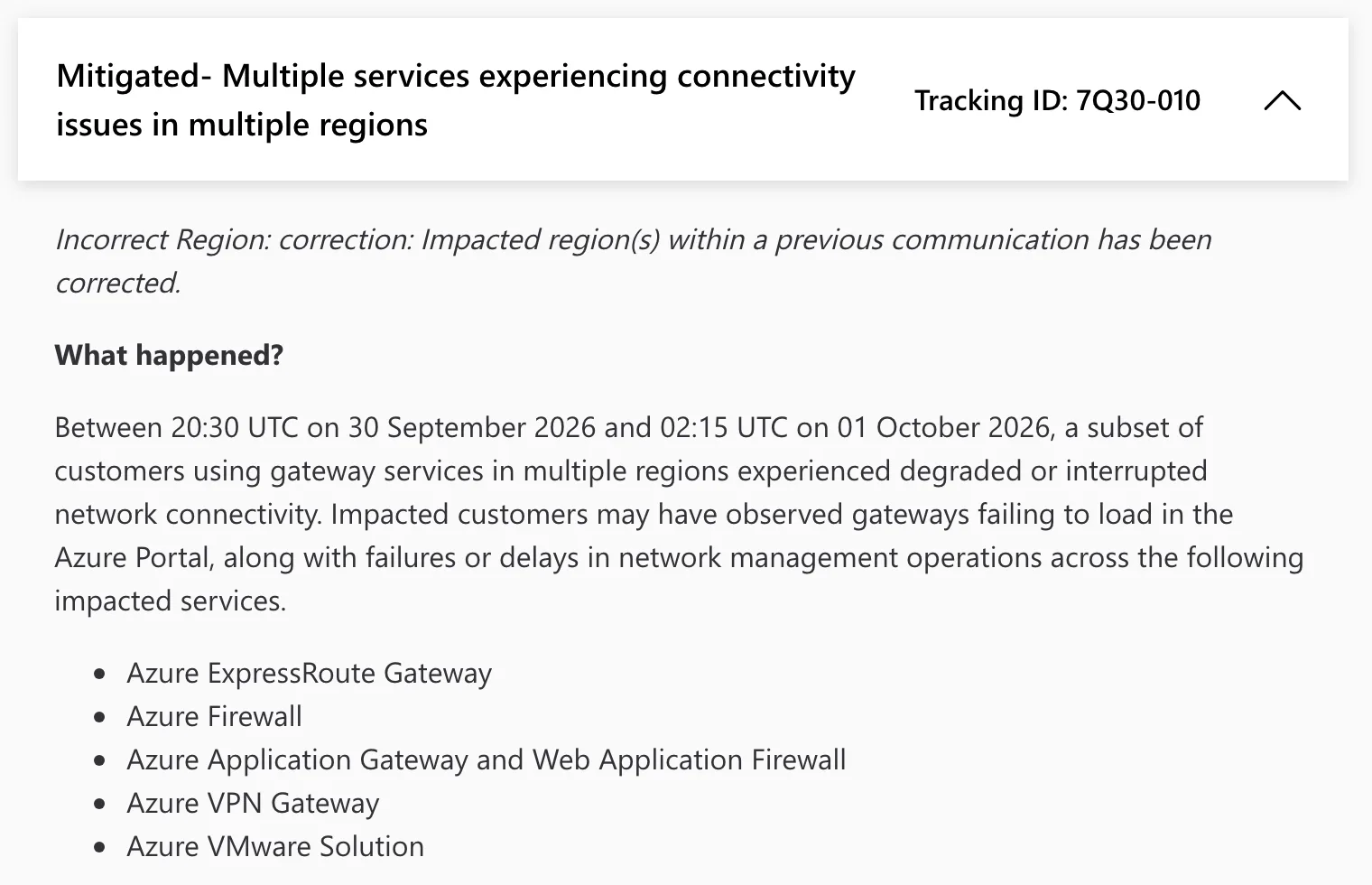 ภาพหน้าจอประกาศของ Microsoft สำหรับเหตุการณ์ Tracking ID 7Q30-010 ระบุช่วงเวลาและบริการที่ได้รับผลกระทบ