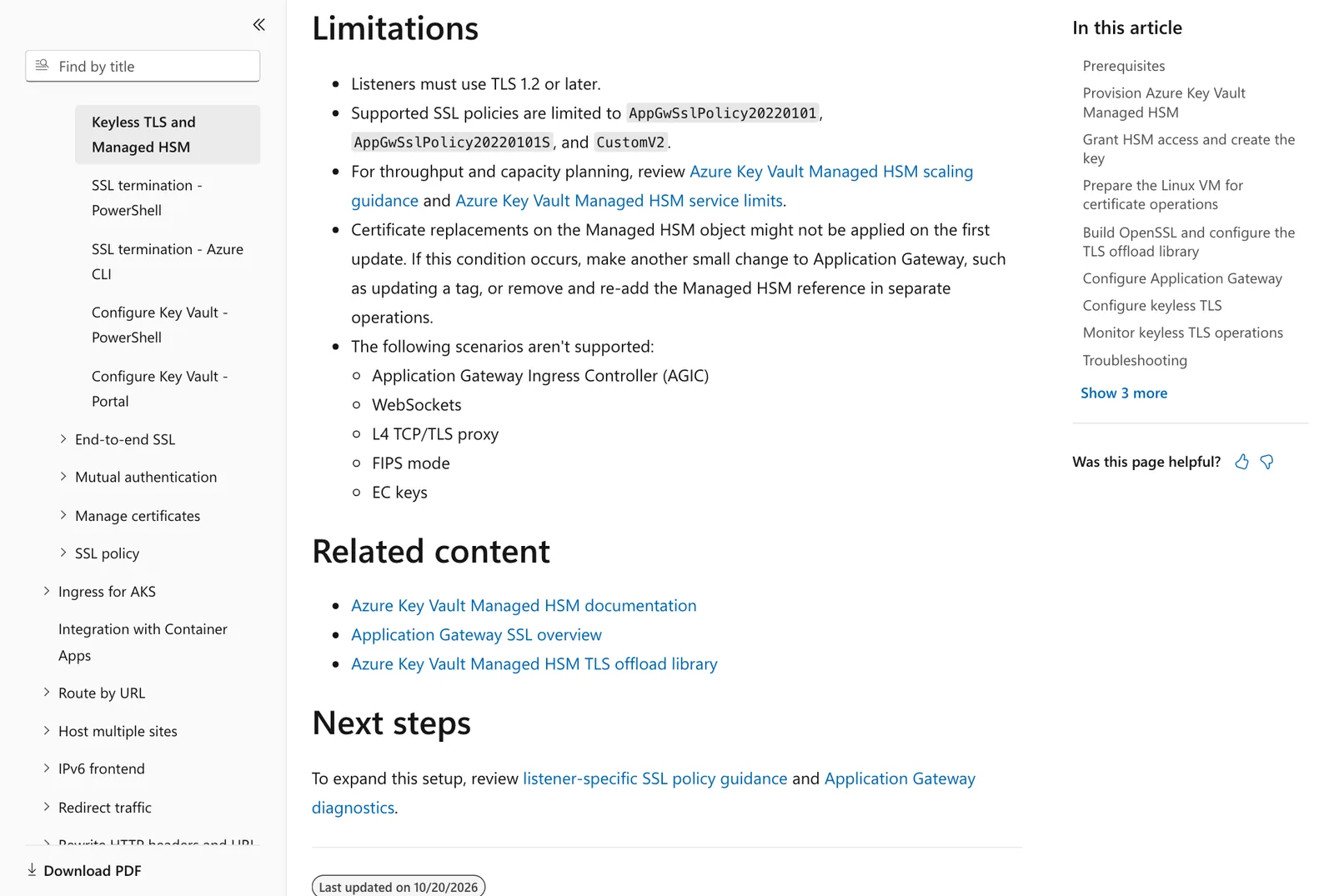 หน้า Microsoft Learn ส่วน Limitations ของ Azure keyless TLS ระบุ TLS 1.2 ขึ้นไป SSL policy ที่รองรับ และสถานการณ์ที่ยังไม่รองรับ