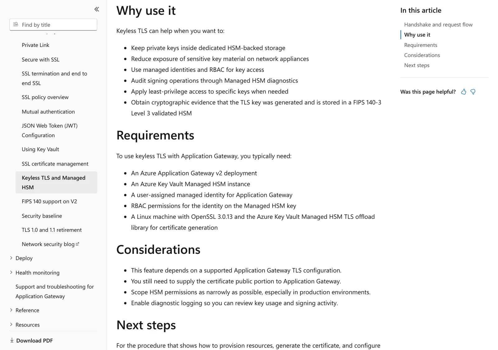 หน้า Microsoft Learn ส่วน Why use it, Requirements และ Considerations ของ keyless TLS บน Azure Application Gateway