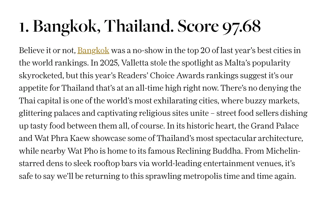 ภาพหน้าจอหน้าผล Best Cities in the World 2026 ของ Condé Nast Traveller ส่วนที่ระบุกรุงเทพฯ อันดับ 1 คะแนน 97.68 พร้อมคำบรรยายถึงพระบรมมหาราชวัง วัดพระแก้ว และวัดโพธิ์