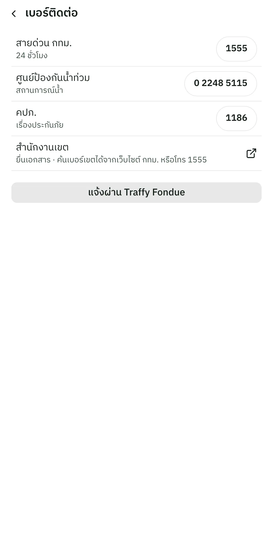 หน้าเบอร์ติดต่อของ Claim Bangkok ได้แก่ สายด่วน กทม. 1555 ศูนย์ป้องกันน้ำท่วม และ คปภ. 1186