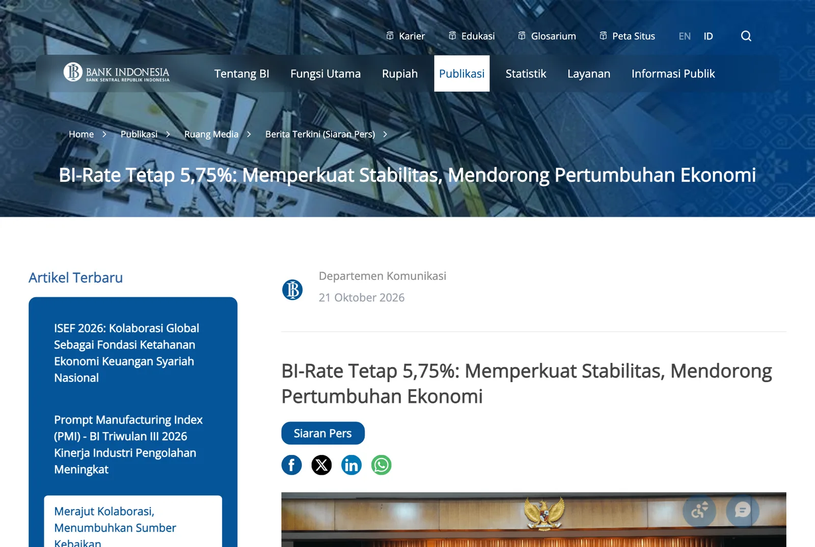 หน้าแถลงการณ์ของ Bank Indonesia ลงวันที่ 21 ตุลาคม 2026 หัวข้อ BI-Rate Tetap 5,75% หลัง Bank Indonesia คงดอกเบี้ยนโยบาย