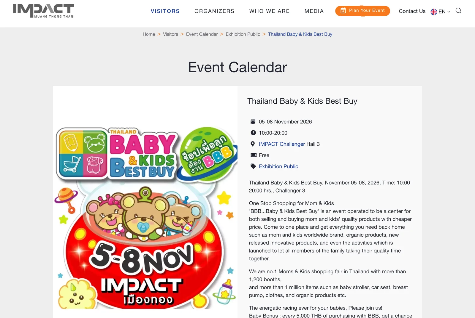 หน้าปฏิทินงาน Thailand Baby & Kids Best Buy บนเว็บไซต์อิมแพ็ค เมืองทองธานี ระบุวันที่ 05–08 November 2026 เวลา 10:00–20:00 IMPACT Challenger Hall 3 ค่าเข้าชม Free ถ่ายเมื่อ 23 ตุลาคม 2026
