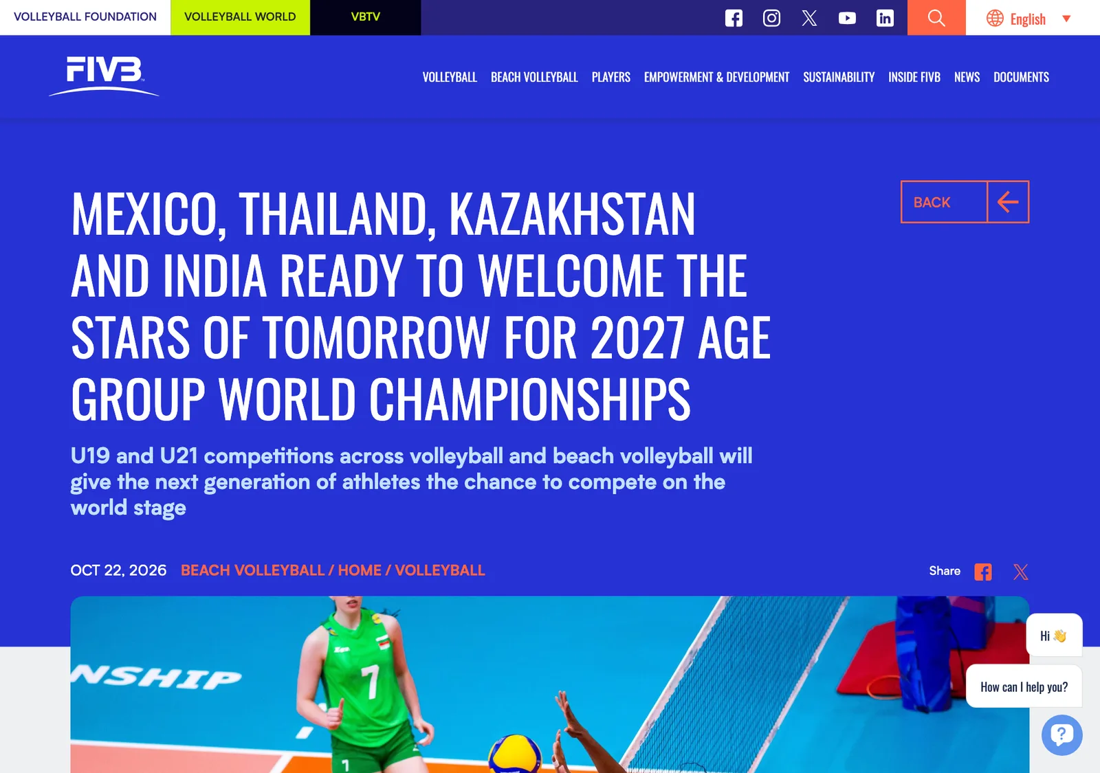 ภาพหน้าจอข่าว FIVB ที่ประกาศวอลเลย์บอลชายหาด U21 ร้อยเอ็ด วันที่ 22 ตุลาคม 2026 หัวข้อ Mexico, Thailand, Kazakhstan and India ready to welcome the stars of tomorrow for 2027 Age Group World Championships