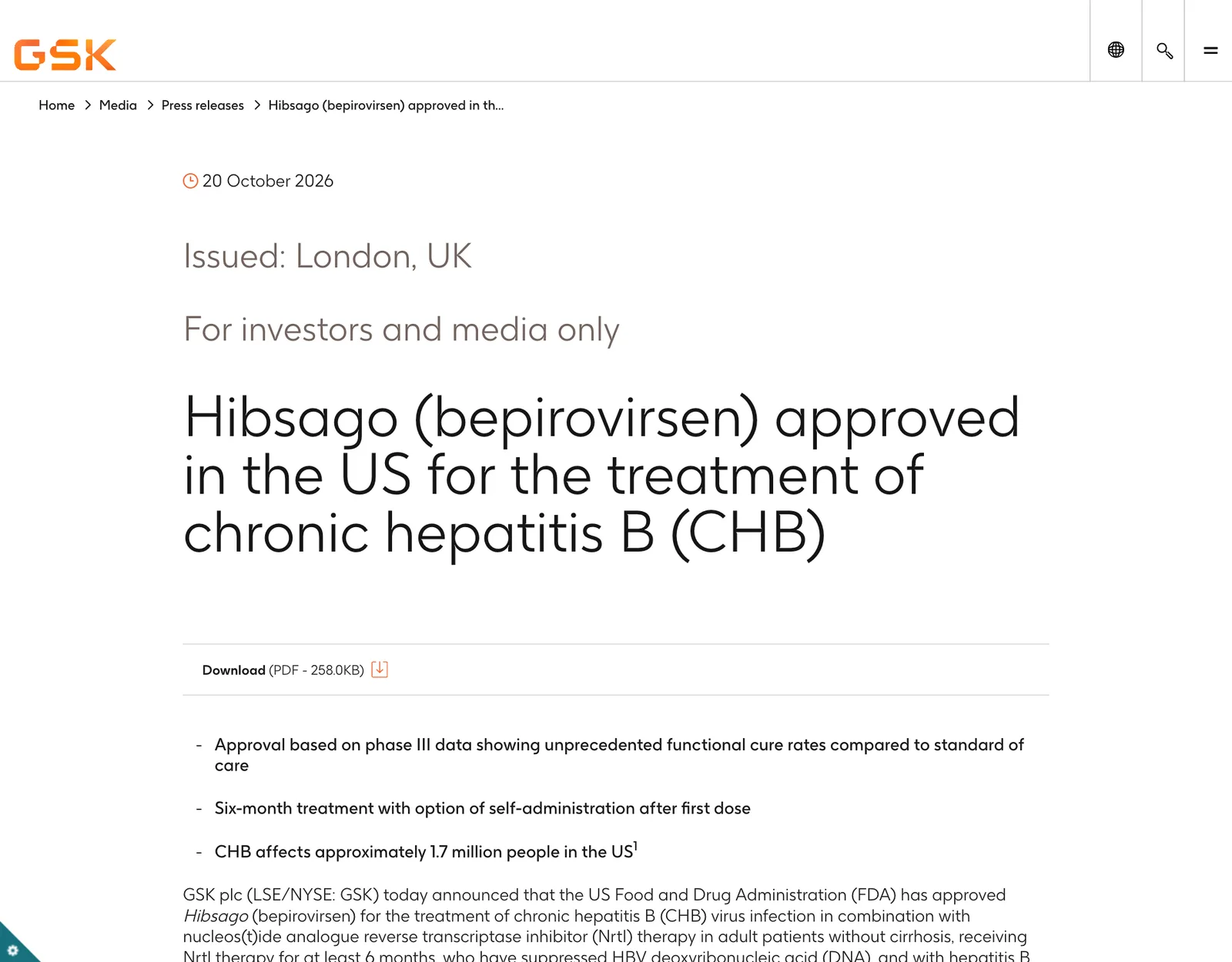 หน้าข่าวประชาสัมพันธ์ของ GSK ลงวันที่ 20 ตุลาคม 2026 หัวข้อ Hibsago (bepirovirsen) approved in the US for the treatment of chronic hepatitis B (CHB)