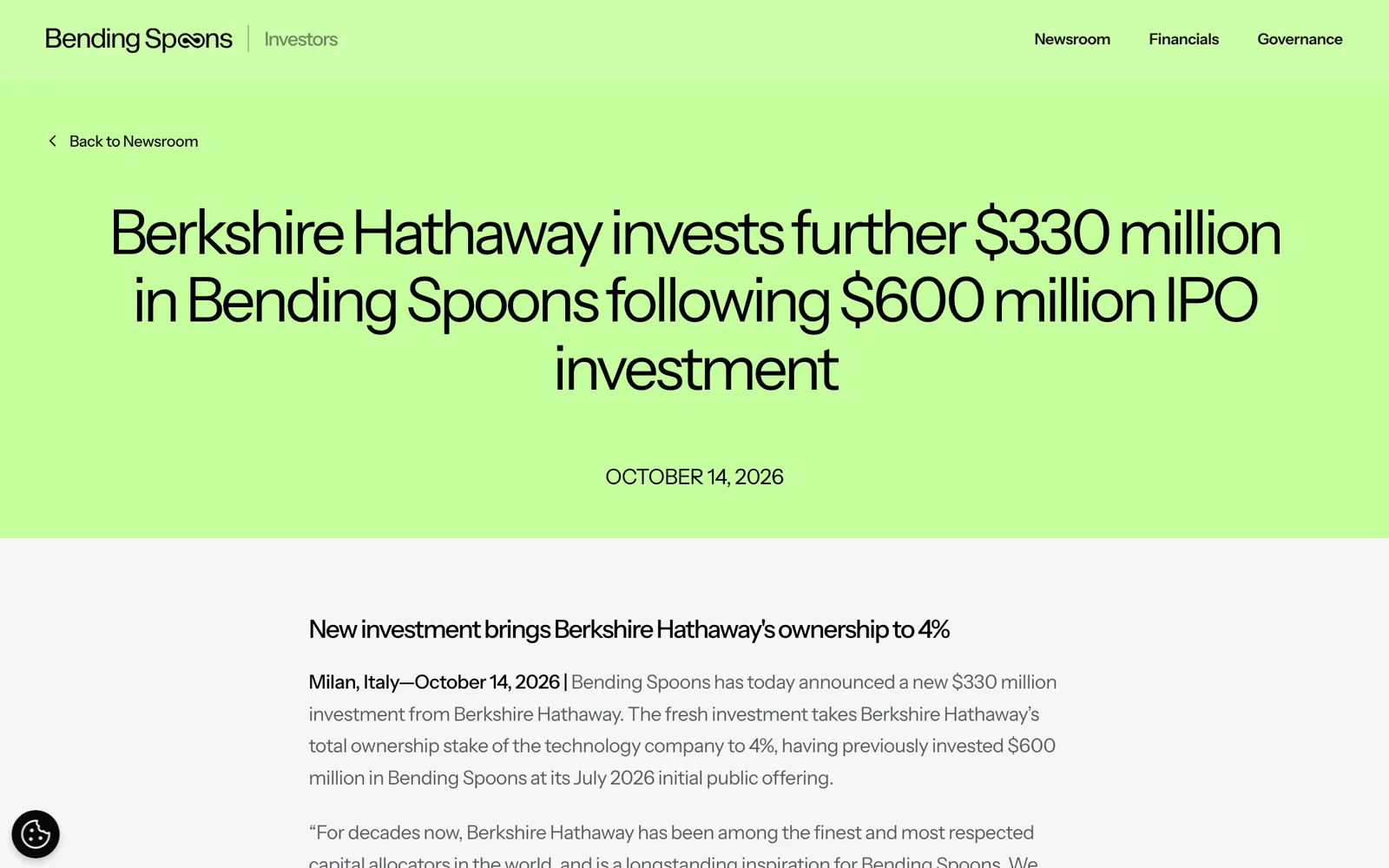 หน้าประกาศของ Bending Spoons วันที่ 14 ตุลาคม 2026 เรื่อง Berkshire Hathaway ลงทุนเพิ่ม 330 ล้านดอลลาร์ ทำให้ถือหุ้น 4%