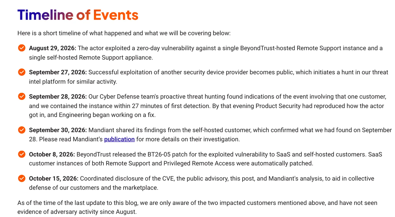 ลำดับเหตุการณ์ในบล็อก BeyondTrust: 29 ส.ค. 2026 ถูกเจาะด้วย zero-day, 28 ก.ย. ตรวจพบและกักระบบใน 27 นาที, 8 ต.ค. ออกแพตช์ BT26-05 และ 15 ต.ค. เปิดเผยต่อสาธารณะ