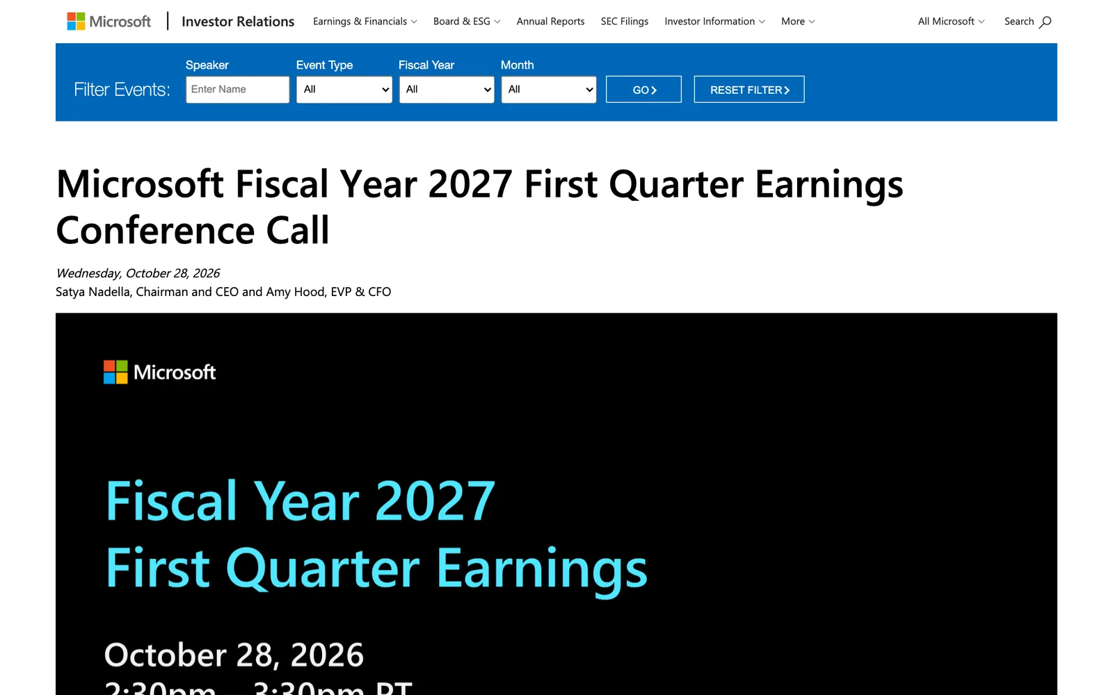 หน้ากิจกรรม Microsoft Fiscal Year 2027 First Quarter Earnings Conference Call วันพุธที่ 28 ตุลาคม 2026 เวลา 14:30–15:30 น. ตามเวลาแปซิฟิก ผู้แถลงคือ Satya Nadella และ Amy Hood