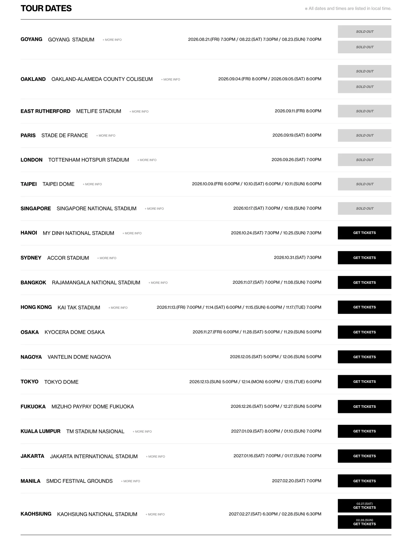 ตารางทัวร์ BIGBANG 2026-2027 WORLD TOUR XX : COSMOS บนเว็บไซต์ YG Entertainment แสดงรอบกรุงเทพฯ ราชมังคลากีฬาสถาน 7 และ 8 พฤศจิกายน 2026 เวลา 19:00 น.