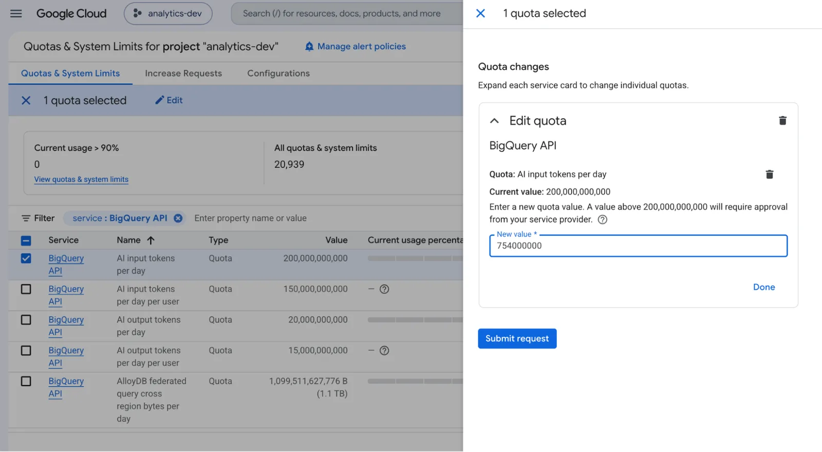 หน้าต่าง Edit quota ของ AI input tokens per day ใน Google Cloud ที่กรอกค่าใหม่ 754,000,000 โทเคน
