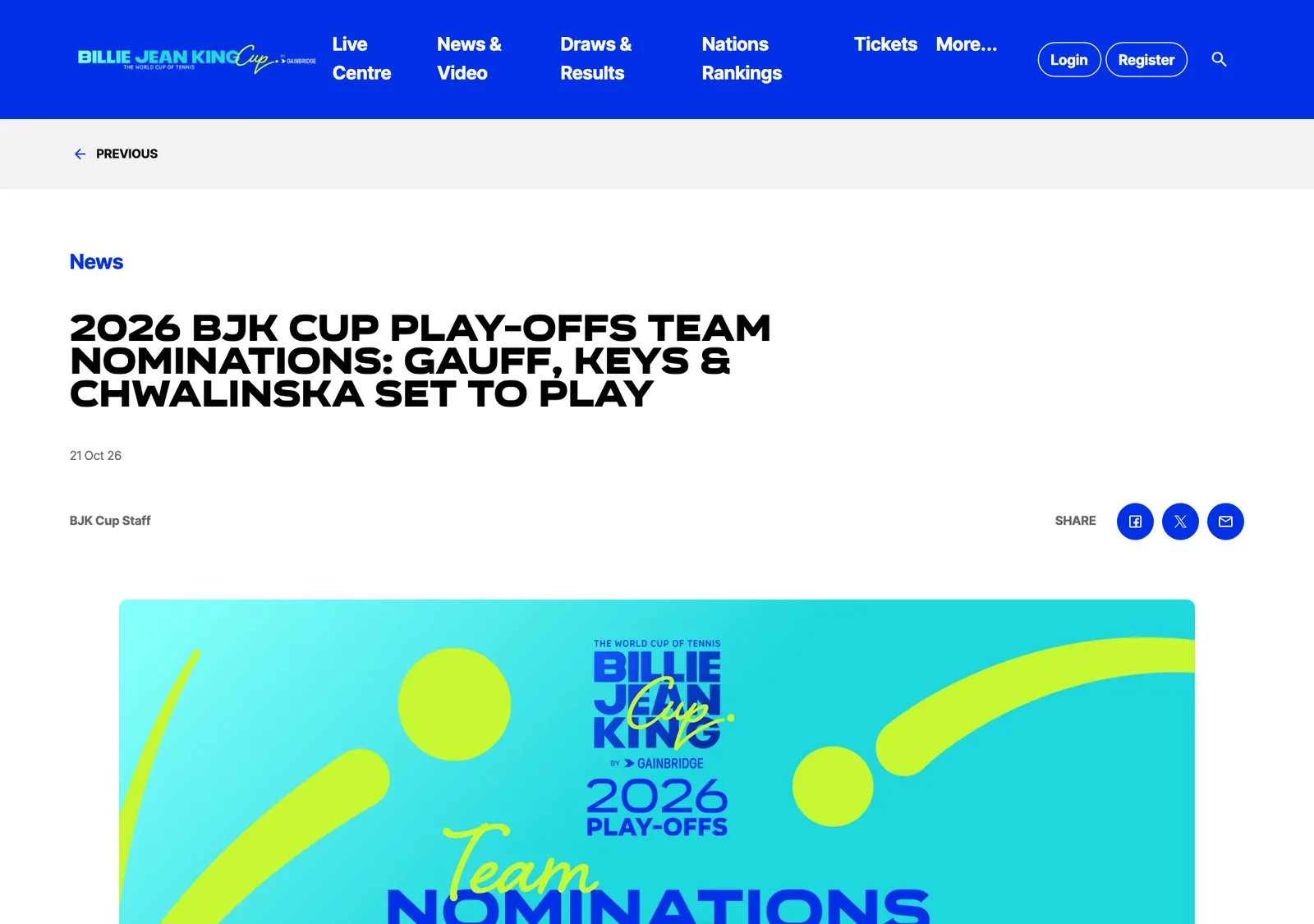 ภาพหน้าจอข่าว Billie Jean King Cup วันที่ 21 ตุลาคม 2026 หัวข้อ 2026 BJK Cup Play-offs Team Nominations ซึ่งประกาศทีมบิลลี จีน คิง คัพ 2026 ไทย สวิตเซอร์แลนด์