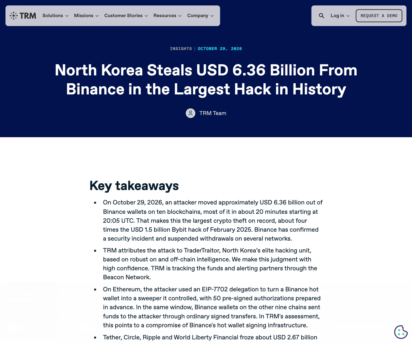 ภาพหน้าจอรายงาน TRM Labs เรื่องเหตุ Binance ถูกแฮก วันที่ 29 ตุลาคม 2026 แสดงตัวเลข 6.36 พันล้านดอลลาร์และการระบุกลุ่ม TraderTraitor