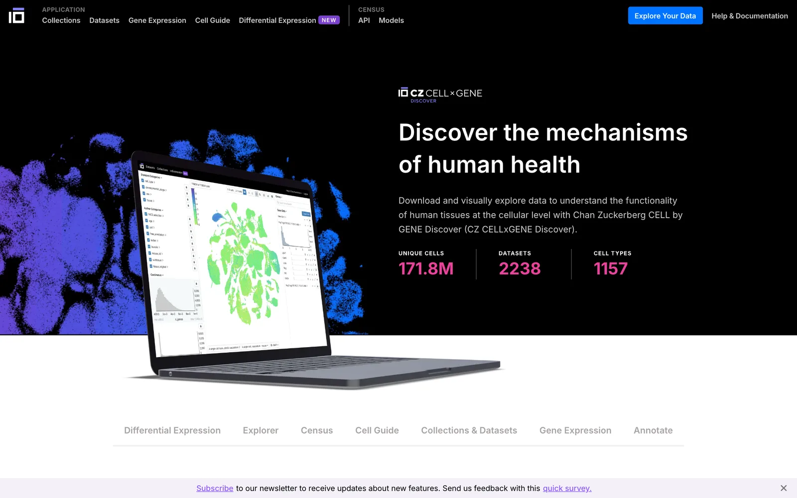 หน้าแรกของ CZ CELLxGENE Discover แสดงตัวเลข Unique cells 171.8M, Datasets 2238 และ Cell types 1157