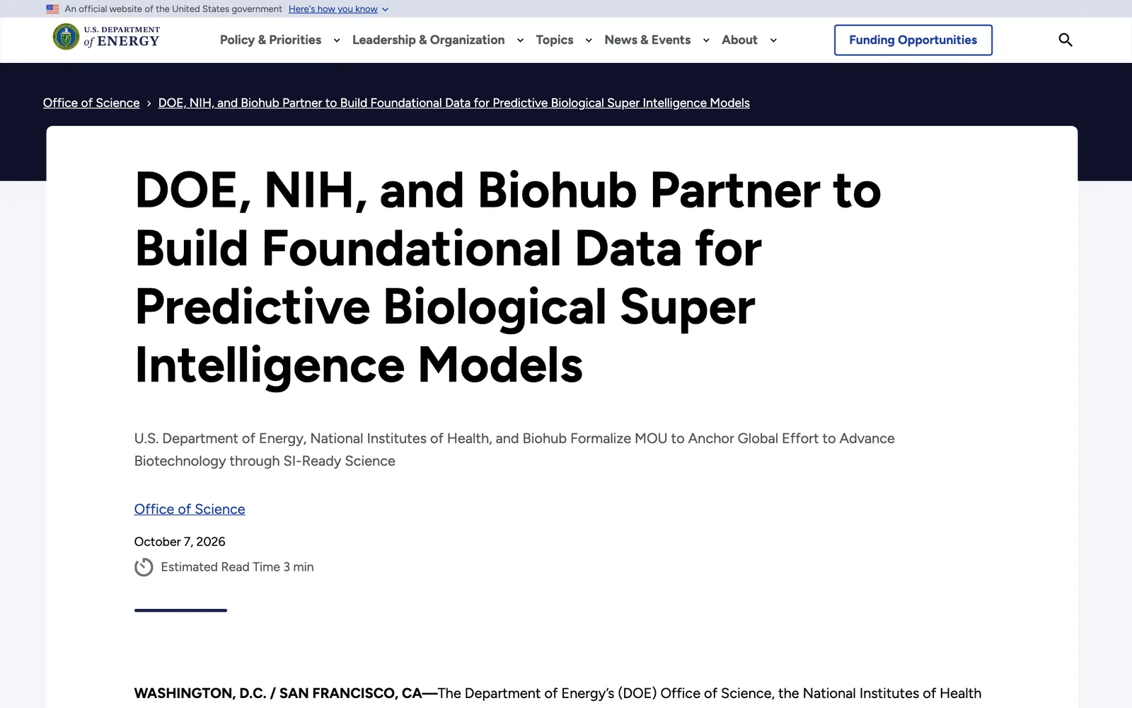 หน้าประกาศของกระทรวงพลังงานสหรัฐฯ วันที่ 7 ตุลาคม 2026 หัวข้อ DOE, NIH, and Biohub Partner to Build Foundational Data for Predictive Biological Super Intelligence Models
