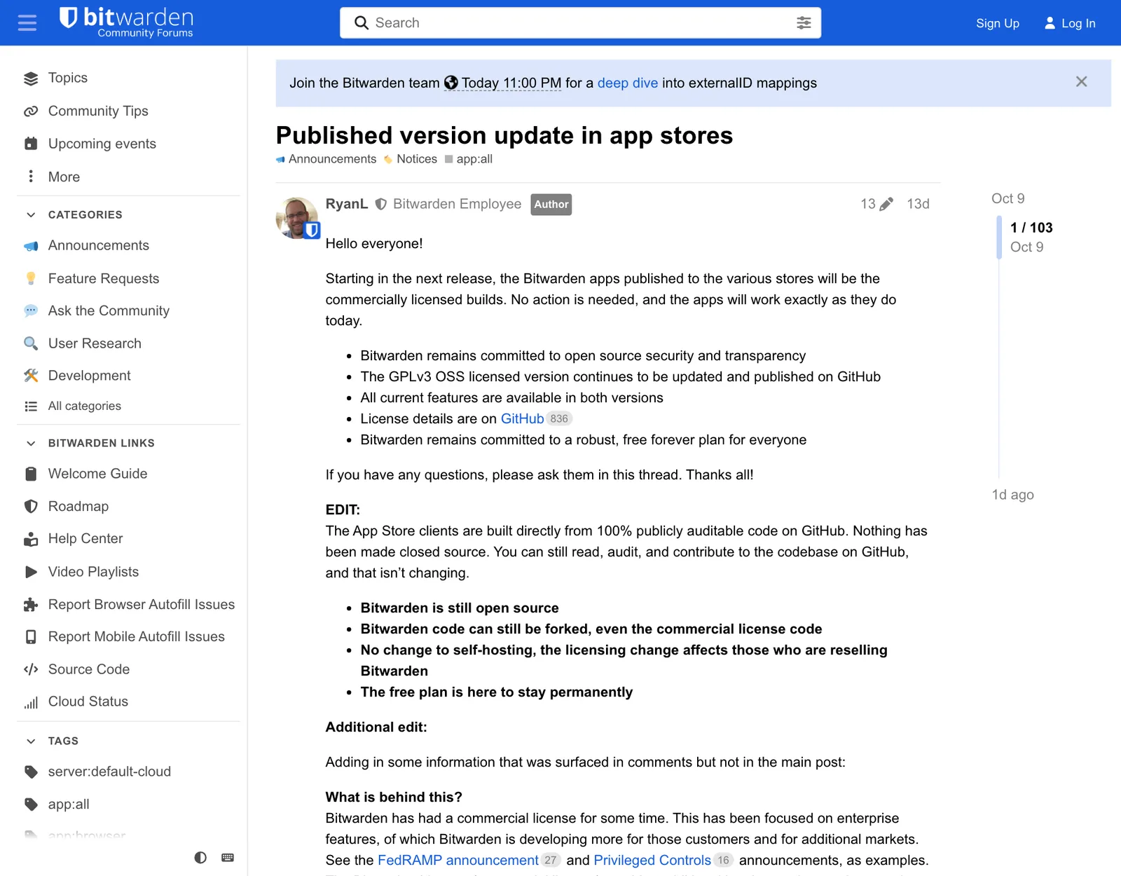 ภาพหน้าจอประกาศ Published version update in app stores ในฟอรัมชุมชน Bitwarden โดยพนักงาน Bitwarden ลงวันที่ 9 ตุลาคม 2026 เรื่องไลเซนส์ Bitwarden ของแอปในสโตร์