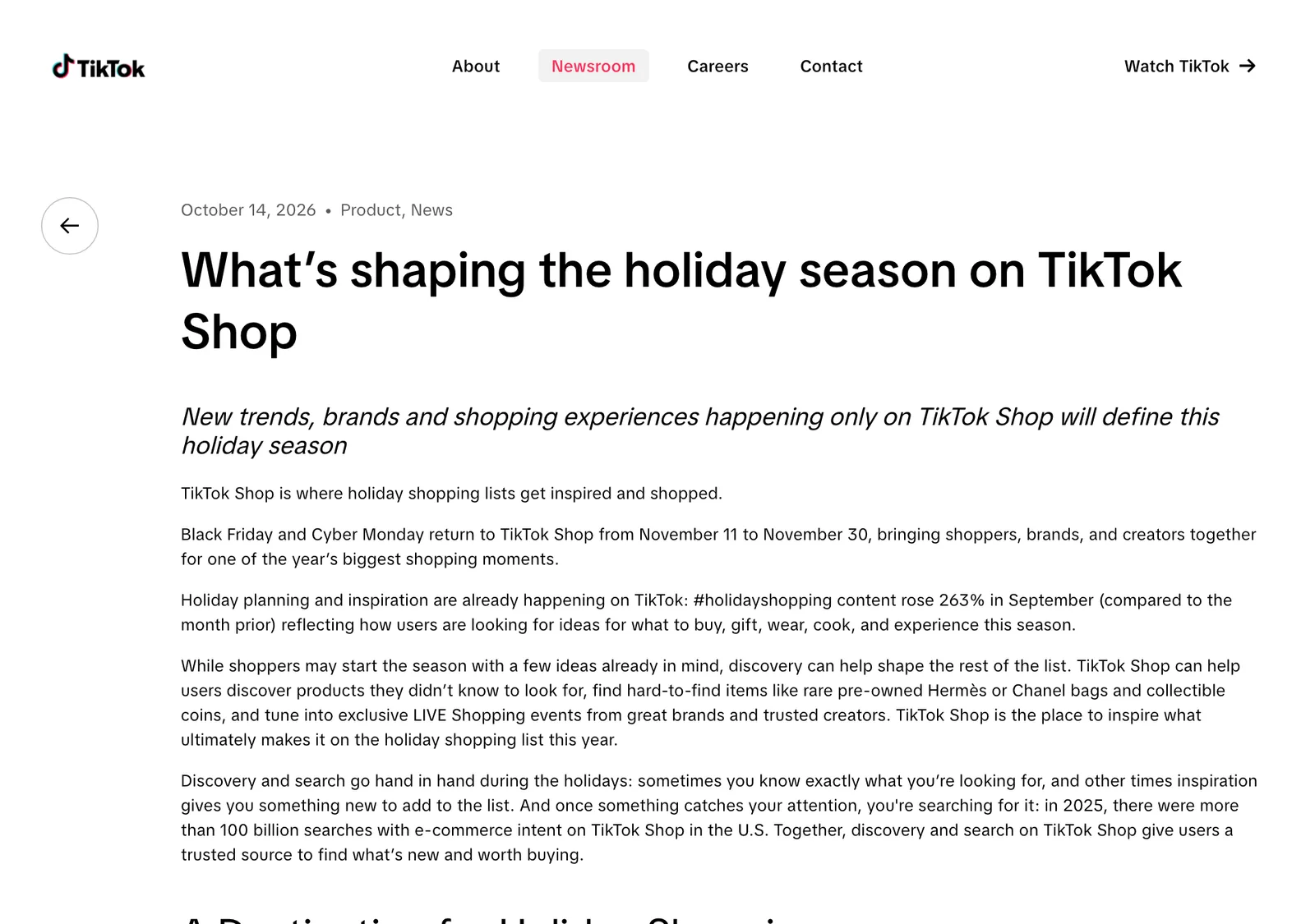 หน้าประกาศ TikTok Newsroom วันที่ 14 ตุลาคม 2026 ระบุว่า Black Friday และ Cyber Monday กลับมาบน TikTok Shop 11 ถึง 30 พฤศจิกายน