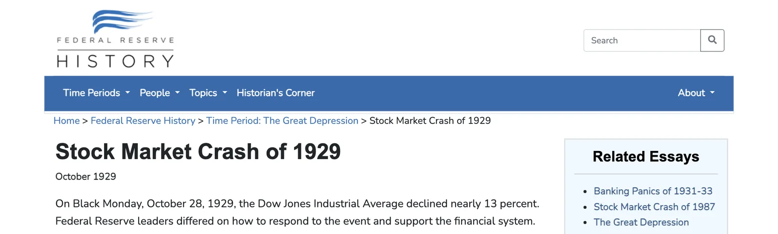 หน้าบทความ Stock Market Crash of 1929 บนเว็บไซต์ Federal Reserve History