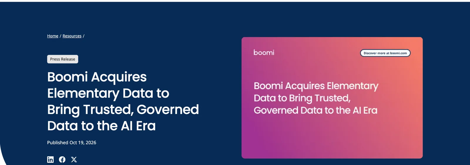 หน้าข่าวประชาสัมพันธ์ Boomi Acquires Elementary Data to Bring Trusted, Governed Data to the AI Era เผยแพร่ 19 ตุลาคม 2026