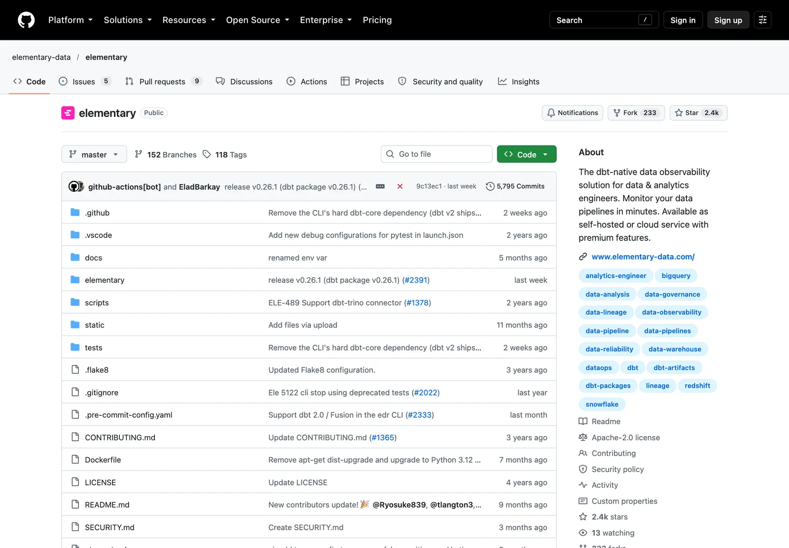 หน้า GitHub ของโปรเจกต์ elementary-data/elementary เครื่องมือ Data Observability แบบ dbt-native สัญญาอนุญาต Apache-2.0 มีดาวราว 2.4k