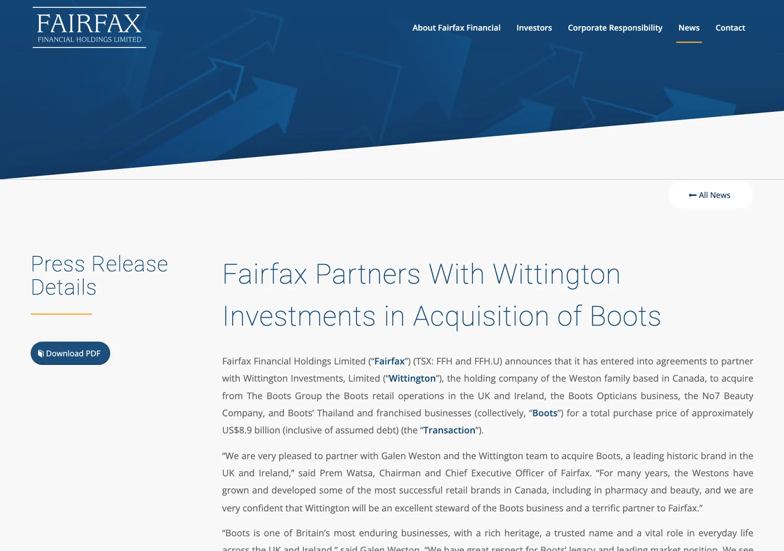 หน้าข่าวประกาศของ Fairfax Financial เรื่องร่วมกับ Wittington Investments ซื้อ Boots รวมธุรกิจ Boots ในประเทศไทย
