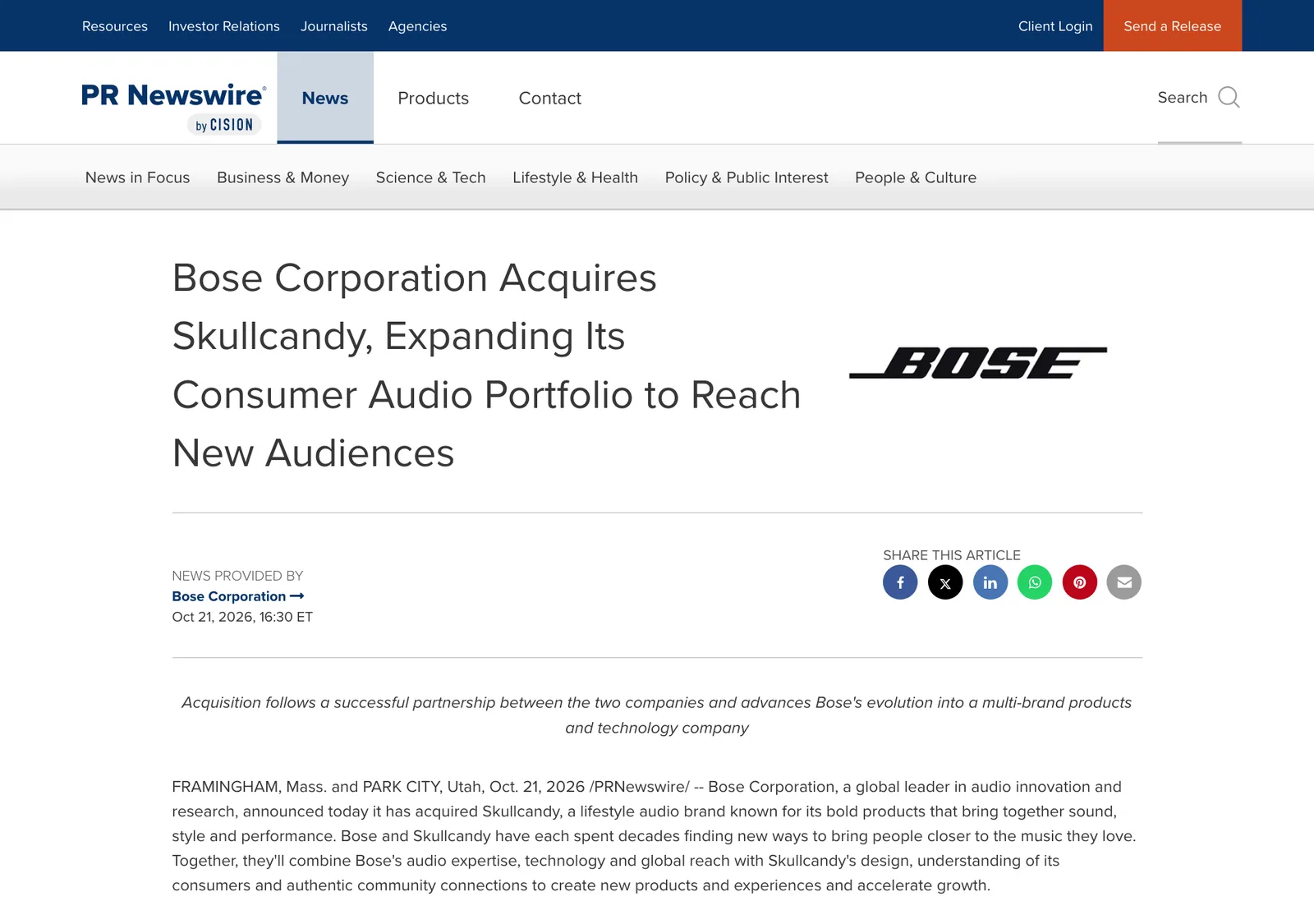 ภาพหน้าจอประกาศ Bose Corporation Acquires Skullcandy บนเว็บ PR Newswire ลงวันที่ 21 ตุลาคม 2026