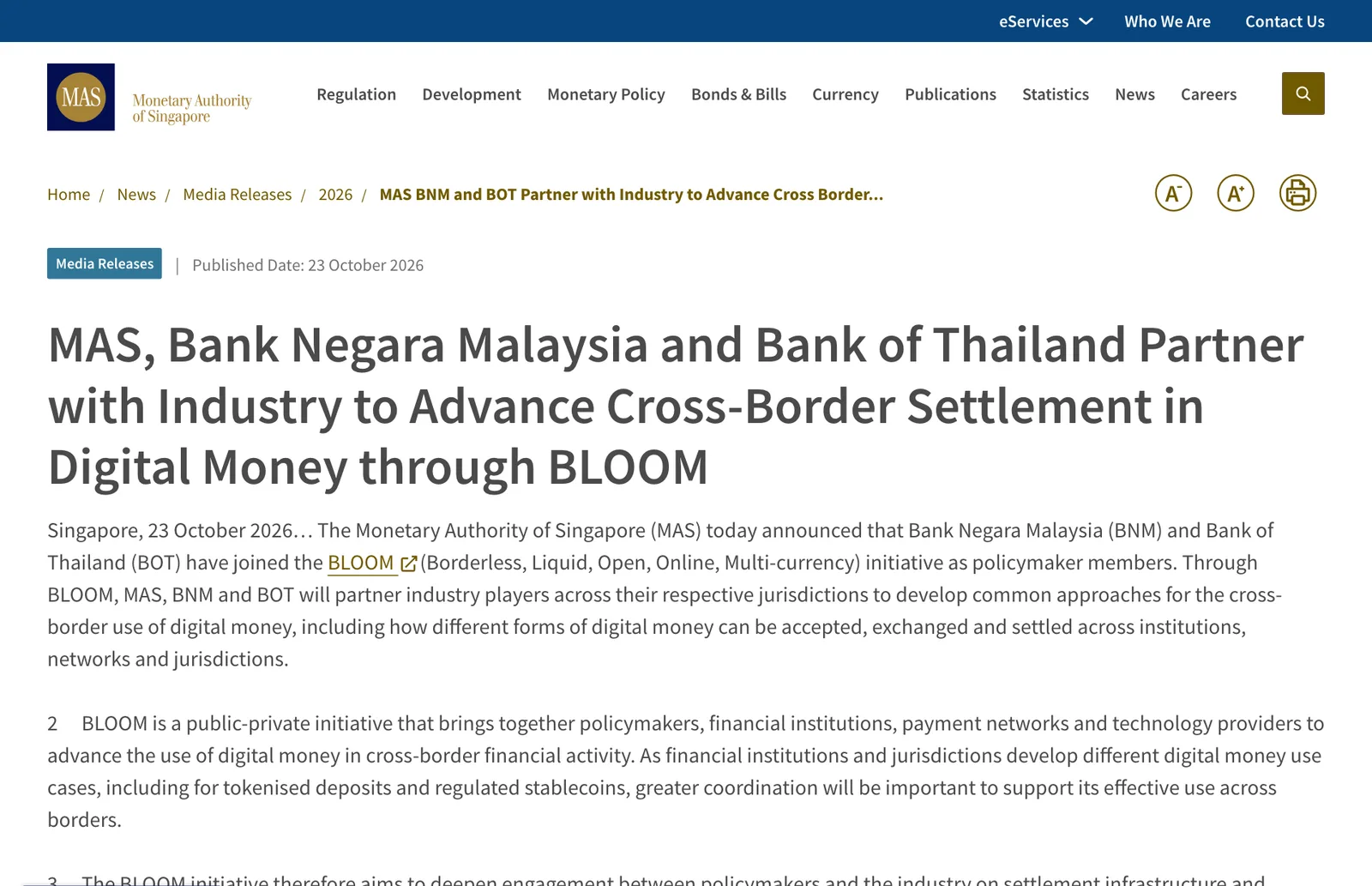ภาพหน้าจอประกาศของ MAS วันที่ 23 ตุลาคม 2026 เรื่อง ธปท. ร่วม BLOOM พร้อม Bank Negara Malaysia เพื่อชำระเงินดิจิทัลข้ามพรมแดน