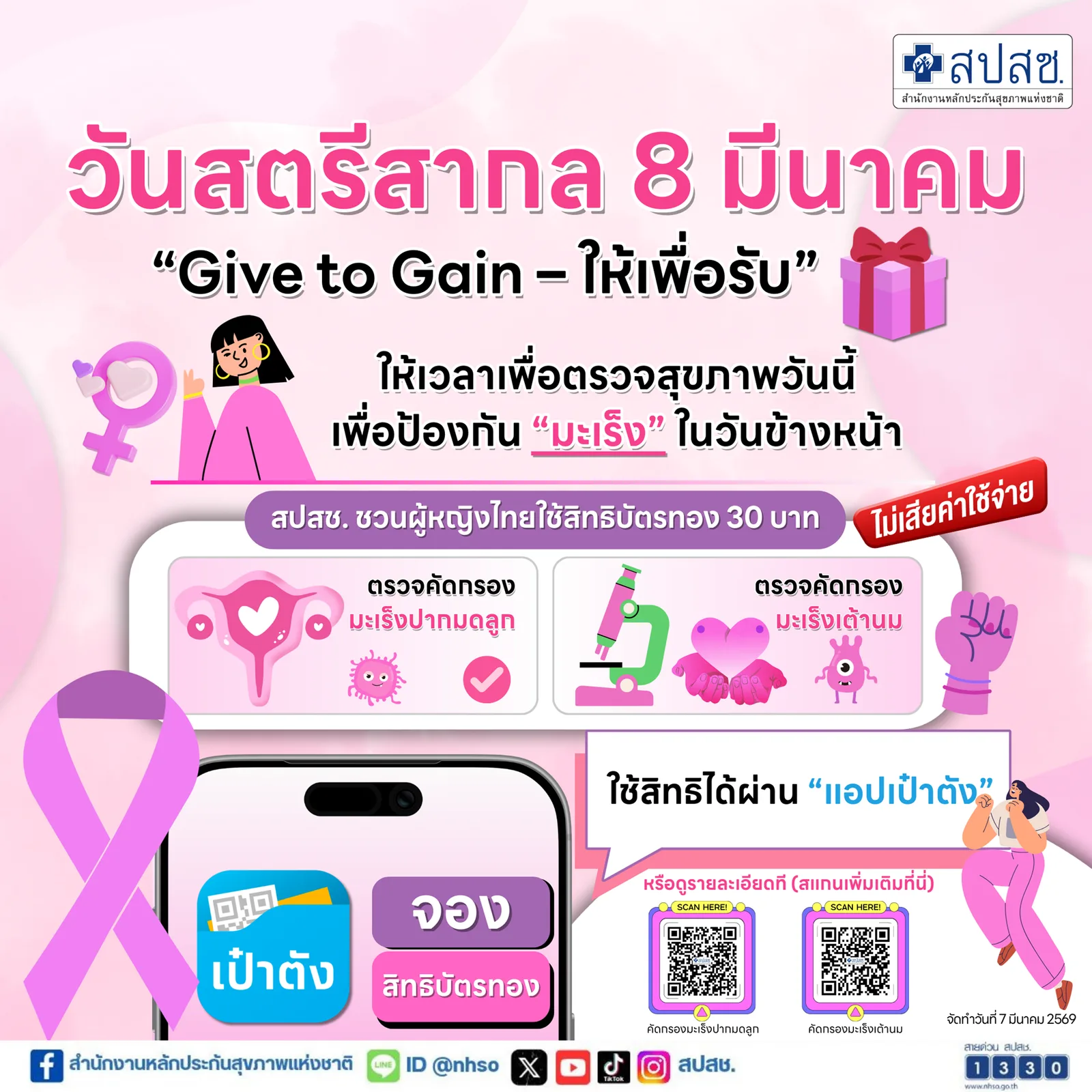 อินโฟกราฟิกของ สปสช. วันสตรีสากล 8 มีนาคม 2569 ชวนผู้หญิงไทยใช้สิทธิบัตรทอง 30 บาทตรวจคัดกรองมะเร็งปากมดลูกและมะเร็งเต้านมโดยไม่เสียค่าใช้จ่ายผ่านแอปเป๋าตัง