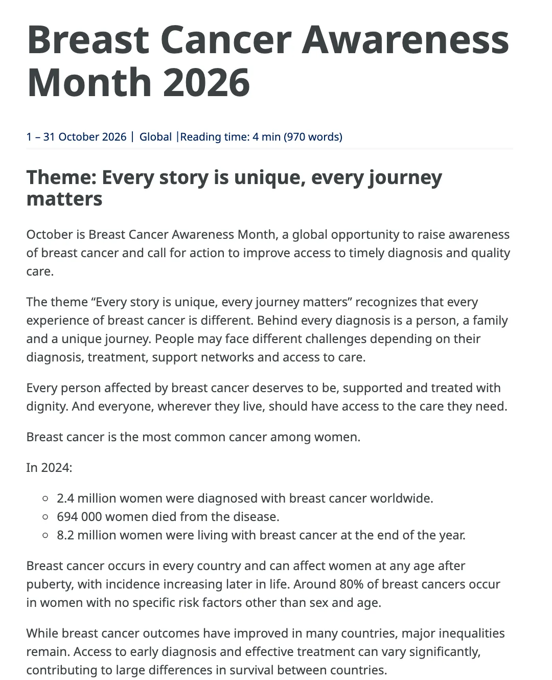หน้าแคมเปญ Breast Cancer Awareness Month 2026 ของ WHO ระบุช่วง 1–31 ตุลาคม 2026 แนวคิด Every story is unique, every journey matters และตัวเลขมะเร็งเต้านมทั่วโลกปี 2024
