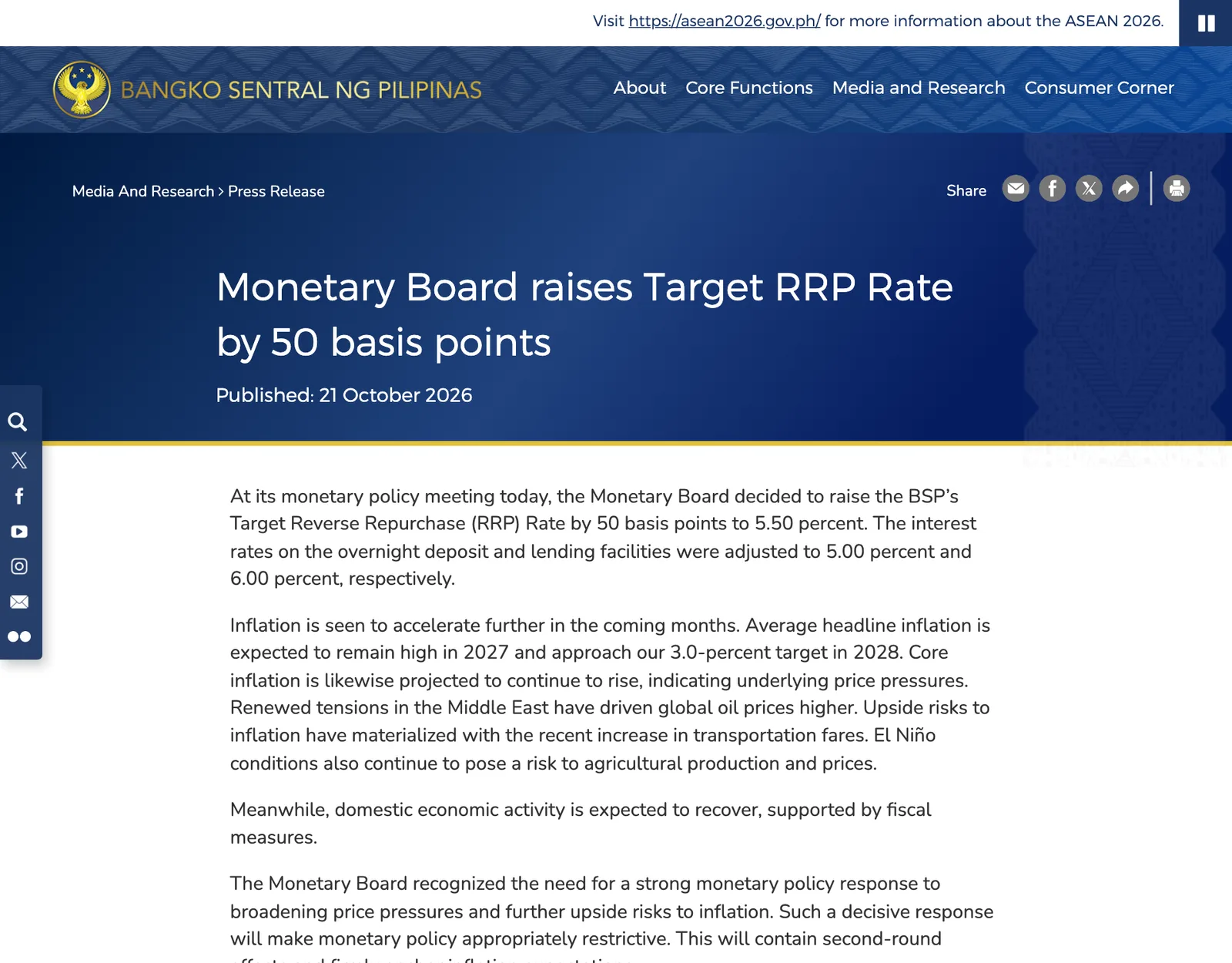 หน้าแถลงข่าวของธนาคารกลางฟิลิปปินส์ (BSP) เรื่อง Monetary Board ขึ้นอัตรา Target RRP 50 basis points เป็น 5.50% ซึ่งเป็นการที่ BSP ขึ้นดอกเบี้ยครั้งที่ 4 ติดต่อกัน