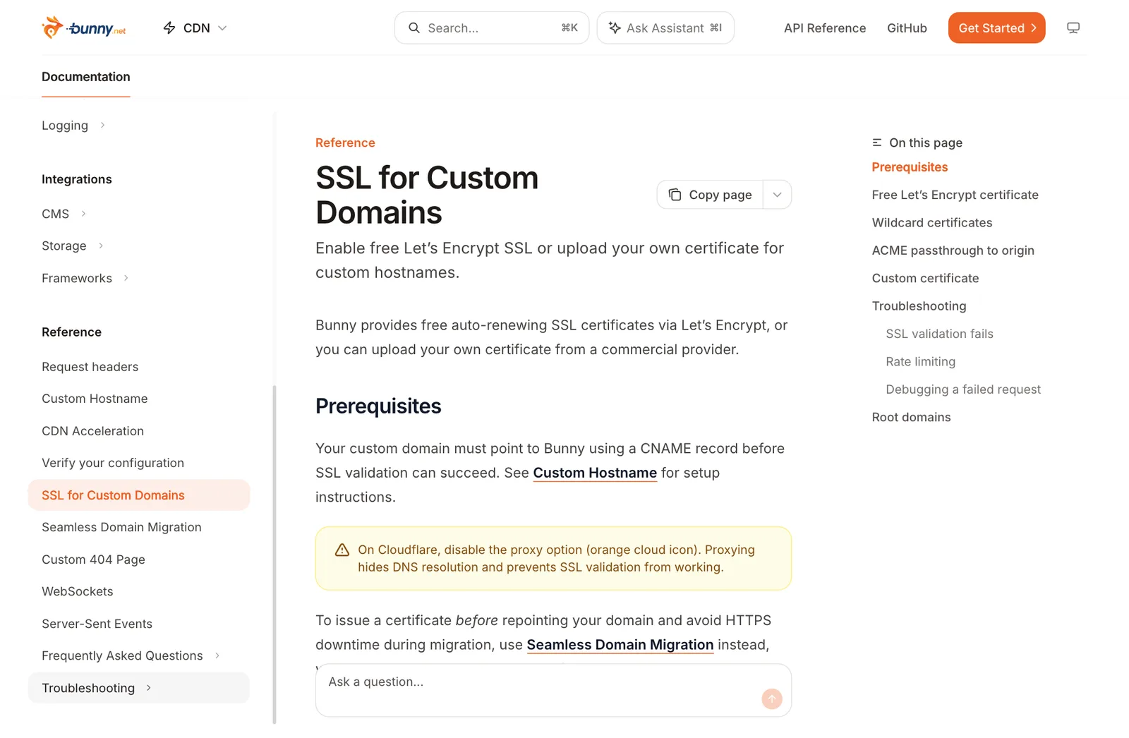 เอกสาร SSL for Custom Domains ของ bunny.net