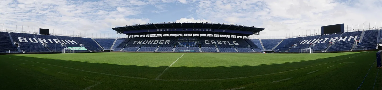 พาโนรามาสนามช้าง อารีนา จังหวัดบุรีรัมย์ ที่จะรับเกม Kashima Antlers ภาพถ่ายเมื่อ 12 สิงหาคม 2019 มองเห็นอัฒจันทร์ลาย THUNDER CASTLE