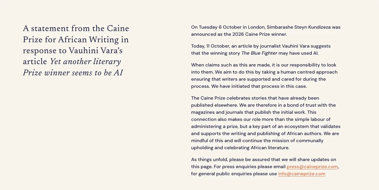ภาพหน้าจอแถลงการณ์ของ Caine Prize ต่อบทความของ Vauhini Vara ระบุว่า Simbarashe Steyn Kundizeza ได้รับประกาศเป็นผู้ชนะ Caine Prize 2026 เมื่อ 6 ตุลาคม และรางวัลได้เริ่มกระบวนการตรวจสอบเมื่อ 11 ตุลาคม
