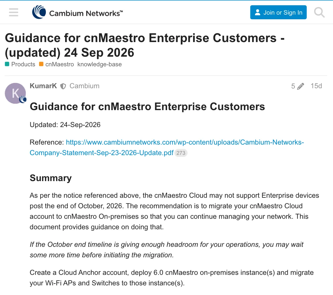 ภาพหน้าจอคำแนะนำสำหรับลูกค้า cnMaestro กลุ่ม Enterprise ฉบับปรับปรุง 24 กันยายน 2026 บน Cambium Community