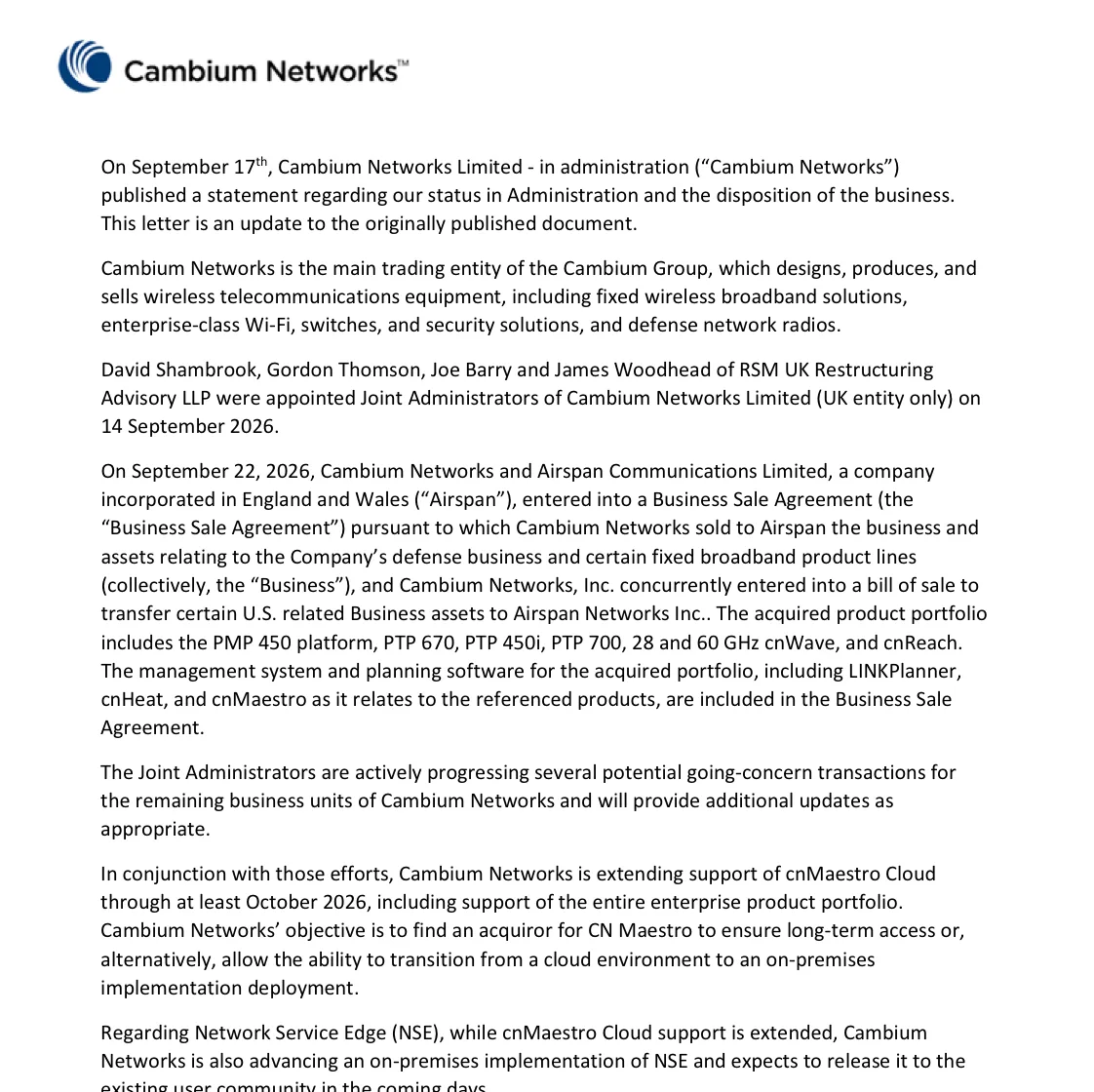 ภาพเอกสารแถลงการณ์ฉบับปรับปรุงของ Cambium Networks ลงวันที่ 23 กันยายน 2026