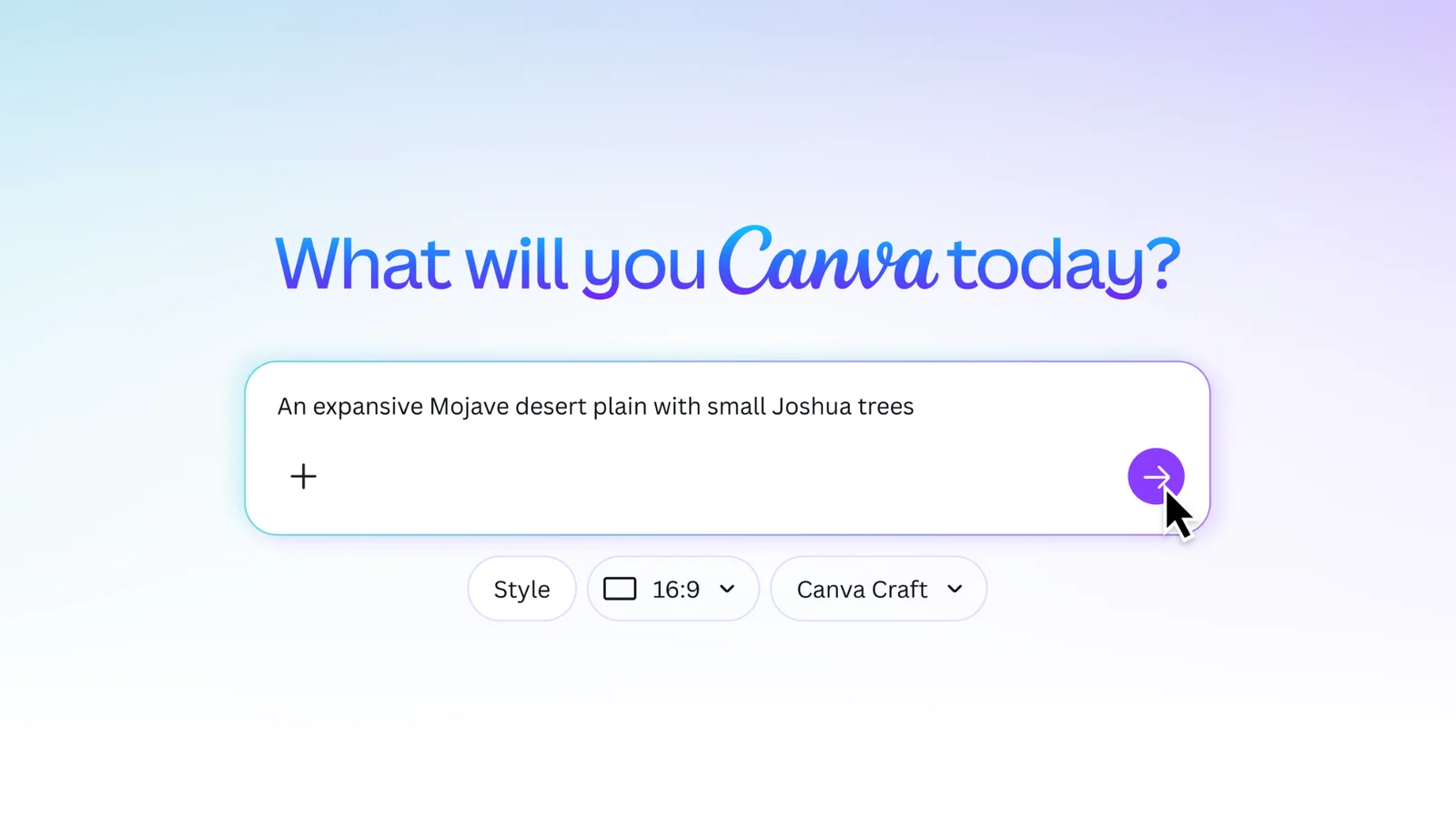 ช่องพิมพ์คำสั่งสร้างภาพใน Canva ที่เลือกโมเดล Canva Craft พร้อมตัวเลือกสไตล์และสัดส่วนภาพ 16:9