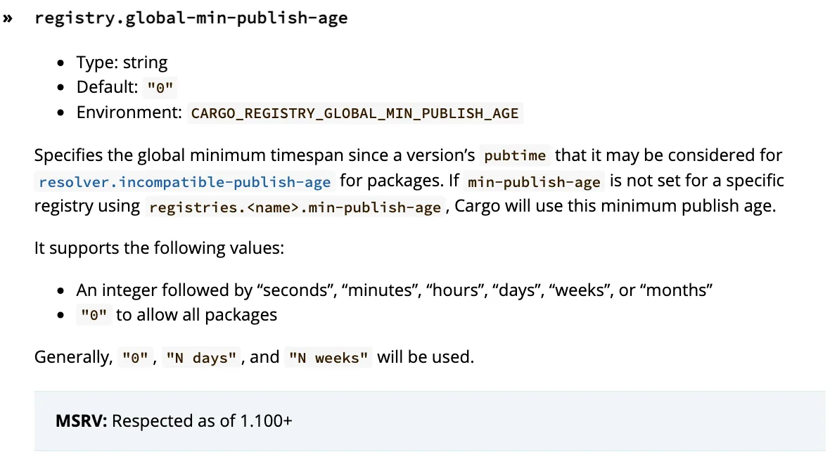 เอกสาร Configuration ของ Cargo Book หัวข้อ registry.global-min-publish-age ค่าเริ่มต้น 0 ตัวแปร CARGO_REGISTRY_GLOBAL_MIN_PUBLISH_AGE และ MSRV 1.100