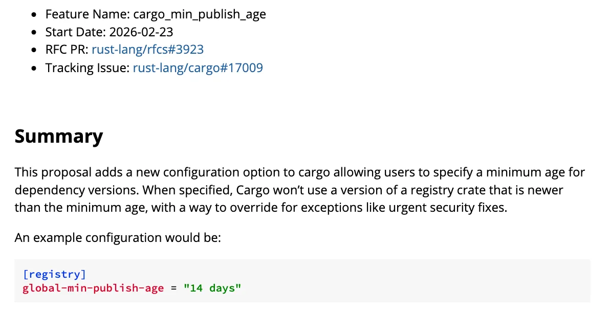 หน้า RFC 3923 cargo_min_publish_age เริ่ม 2026-02-23 พร้อมบทสรุปและตัวอย่าง global-min-publish-age เท่ากับ 14 days