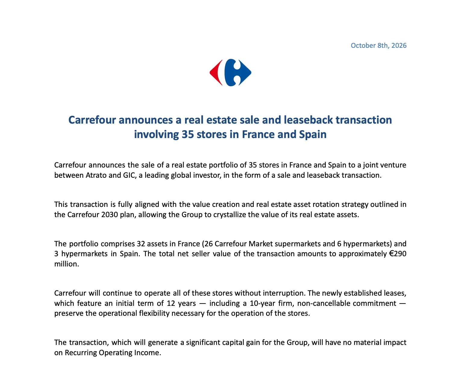 เอกสารประกาศของ Carrefour วันที่ 8 ตุลาคม 2026 เรื่องขายแล้วเช่ากลับร้าน 35 สาขาในฝรั่งเศสและสเปน มูลค่าราว 290 ล้านยูโร