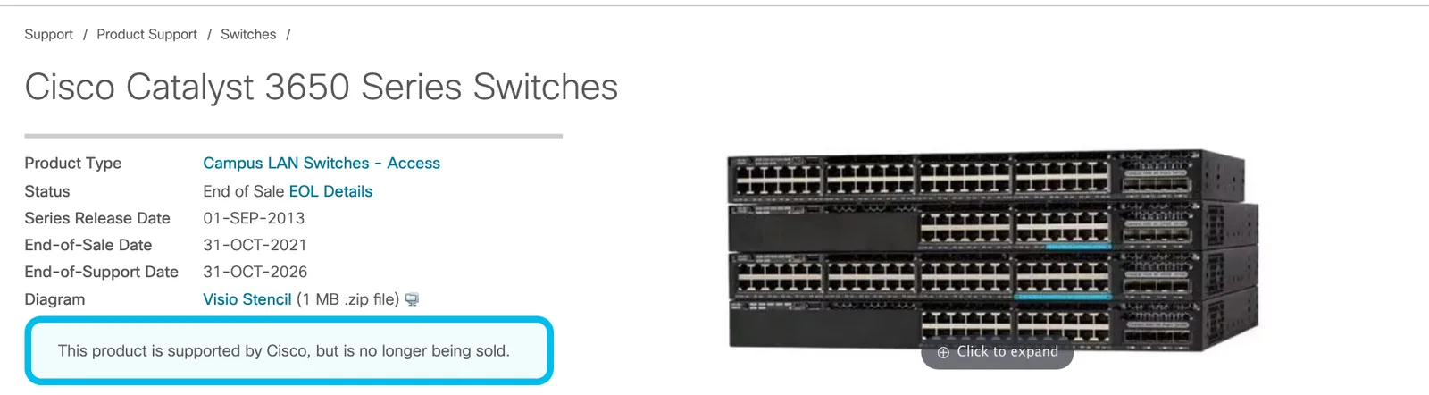 หน้าซัพพอร์ตของ Cisco แสดง End-of-Sale 31-OCT-2021 และ End-of-Support 31-OCT-2026 ของ Catalyst 3650