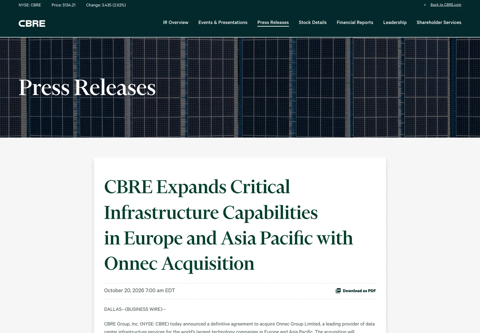 หน้านักลงทุนสัมพันธ์ของ CBRE แสดงประกาศ CBRE ซื้อ Onnec หัวข้อ CBRE Expands Critical Infrastructure Capabilities in Europe and Asia Pacific with Onnec Acquisition ลงวันที่ 20 ตุลาคม 2026