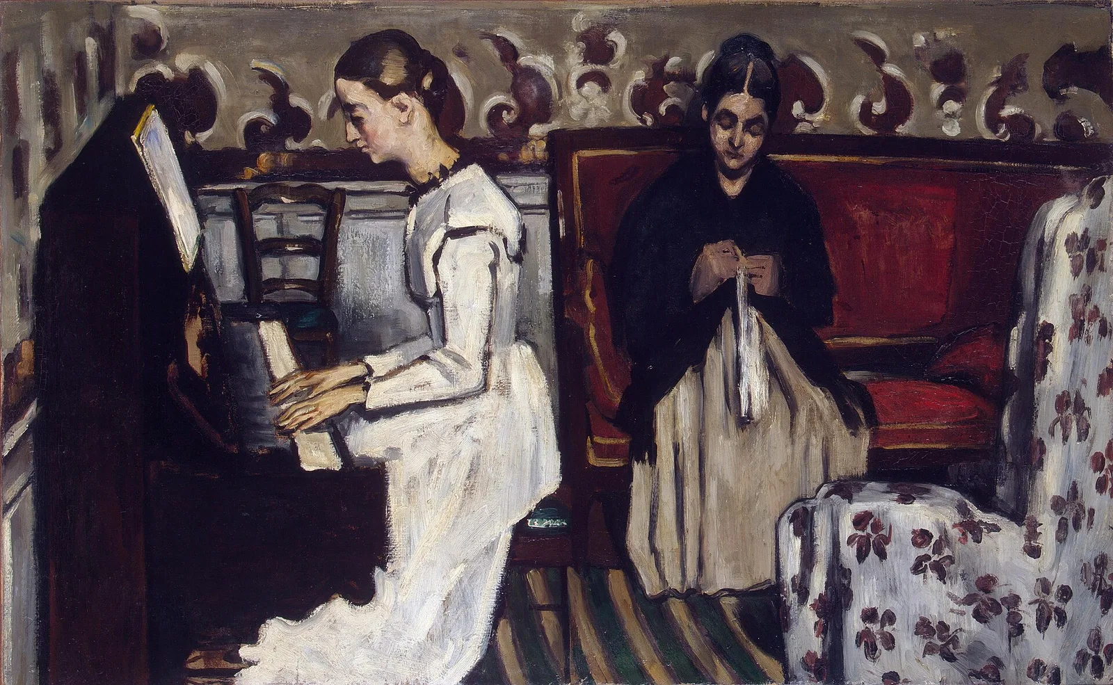 ภาพ Girl at the Piano โดย Paul Cézanne เป็นหญิงสองคนในห้องรับแขก คนหนึ่งเล่นเปียโน อีกคนปักผ้า