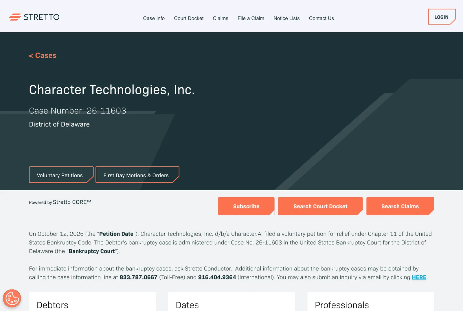 หน้าข้อมูลคดี Character Technologies, Inc. ผู้ดำเนินการ Character.AI คดีหมายเลข 26-11603 ศาลล้มละลายสหรัฐฯ เขตเดลาแวร์ บนเว็บไซต์ Stretto