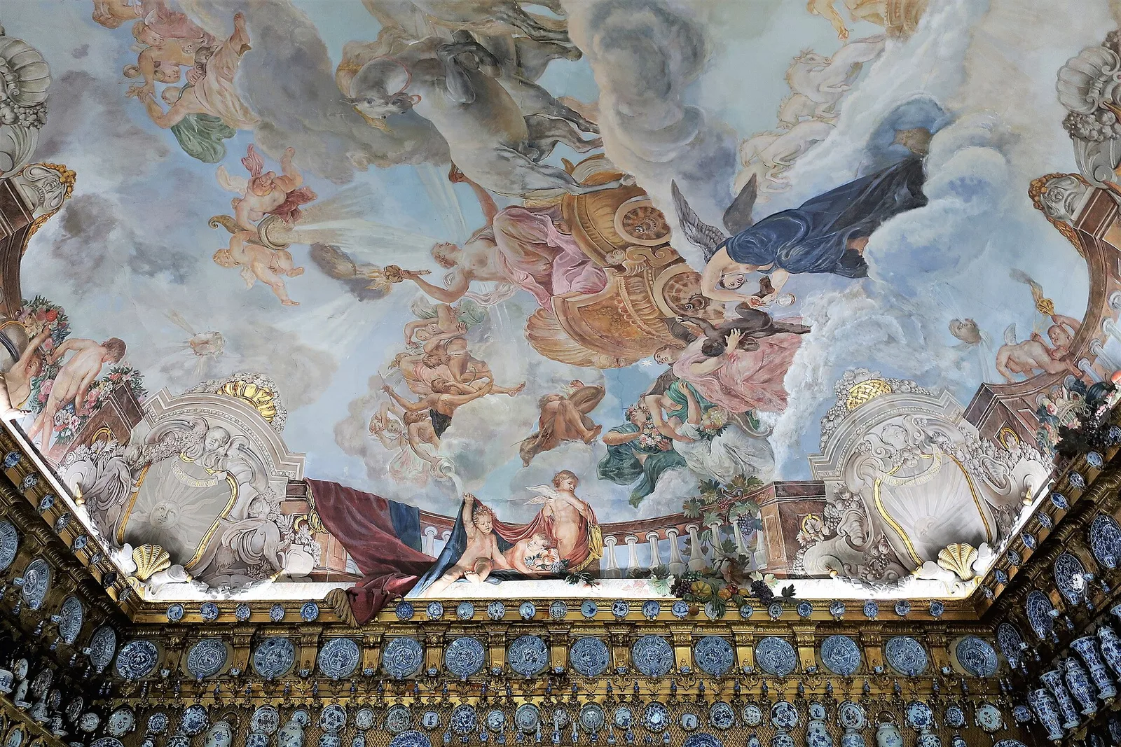 เพดานภาพเขียนของห้องเครื่องเคลือบ (Porcelain Cabinet) ของ Frederick I ในพระราชวังชาร์ลอตเทนบวร์ก ภาพถ่ายเดือนสิงหาคม 2023
