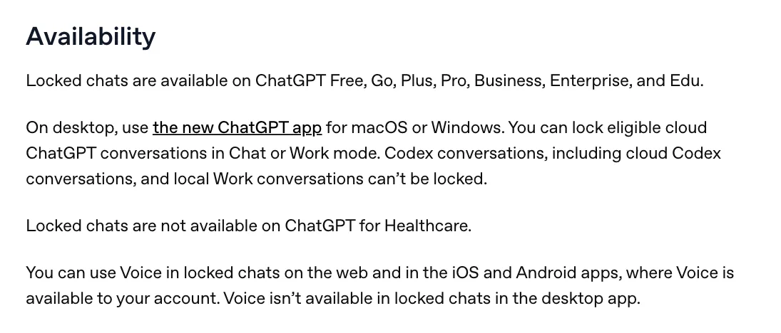 หน้าช่วยเหลือ Using locked chats in ChatGPT หัวข้อ Availability ระบุว่าใช้ได้ใน ChatGPT Free, Go, Plus, Pro, Business, Enterprise และ Edu และบทสนทนา Codex ล็อกไม่ได้