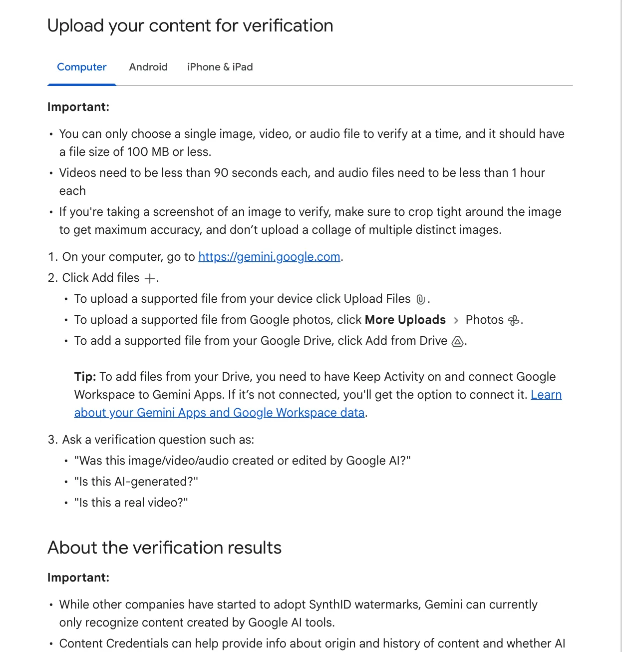 หน้าช่วยเหลือ Gemini Apps หัวข้อ Upload your content for verification แสดงข้อจำกัดไฟล์ 100 MB วิดีโอสั้นกว่า 90 วินาที และขั้นตอนกด Add files แล้วถามคำถาม