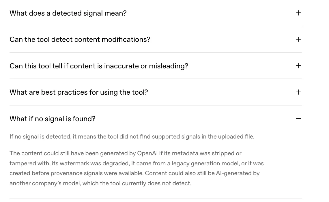 คำถามที่พบบ่อยบนหน้า Verify ของ OpenAI หัวข้อ What if no signal is found? อธิบายเหตุที่ไฟล์จาก AI อาจตรวจไม่พบสัญญาณ