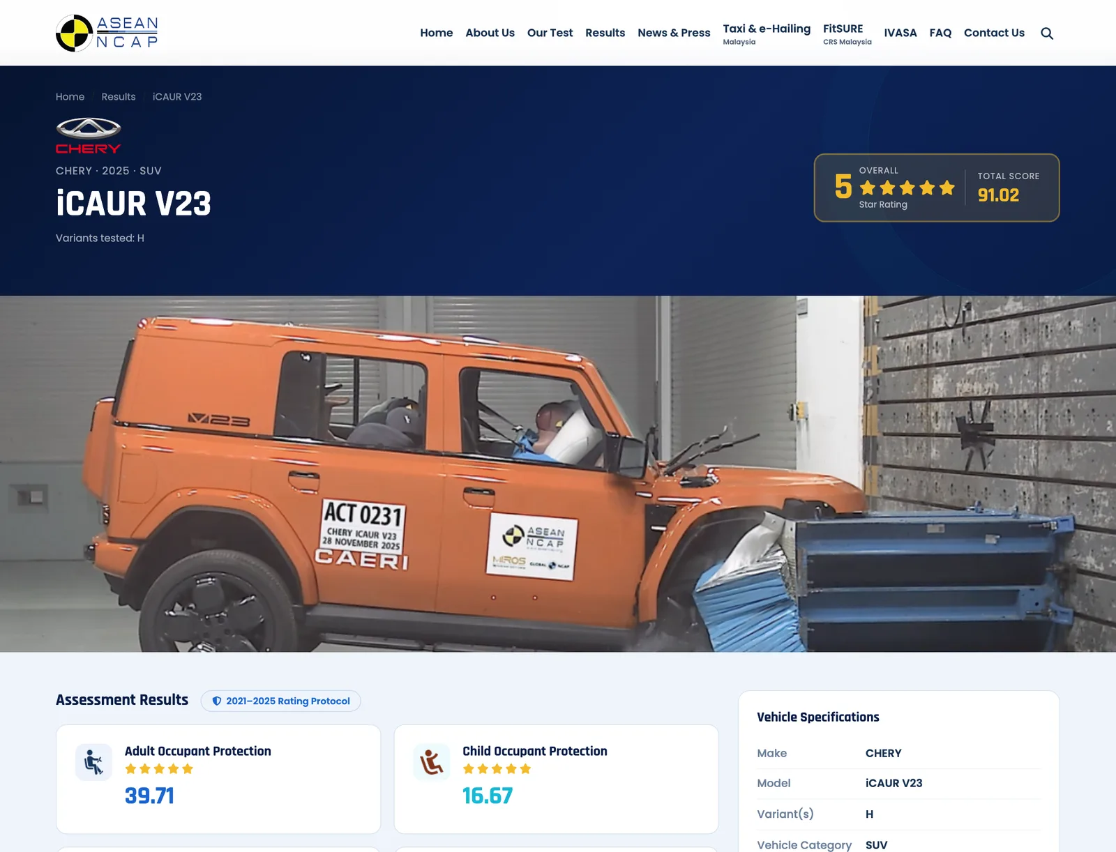 หน้าผลทดสอบ Chery iCAUR V23 ของ ASEAN NCAP แสดงคะแนนรวม 91.02 และรถสีส้มขณะชนด้านหน้า