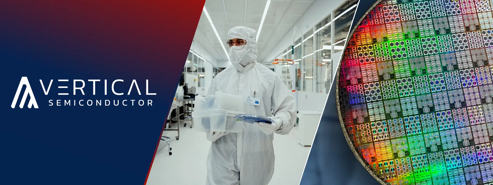 ภาพประกอบประกาศทุน CHIPS ชิปพลังงาน 73 ล้านดอลลาร์ของ Vertical Semiconductor แสดงห้องปลอดเชื้อและแผ่นเวเฟอร์